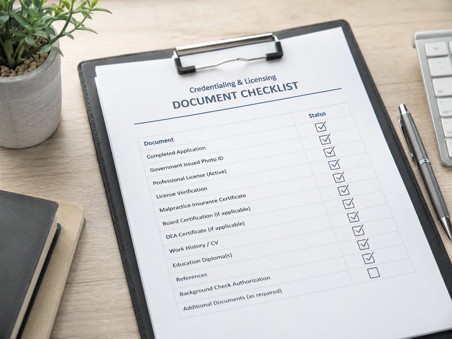 Credentialing and licensing document checklist on a clipboard