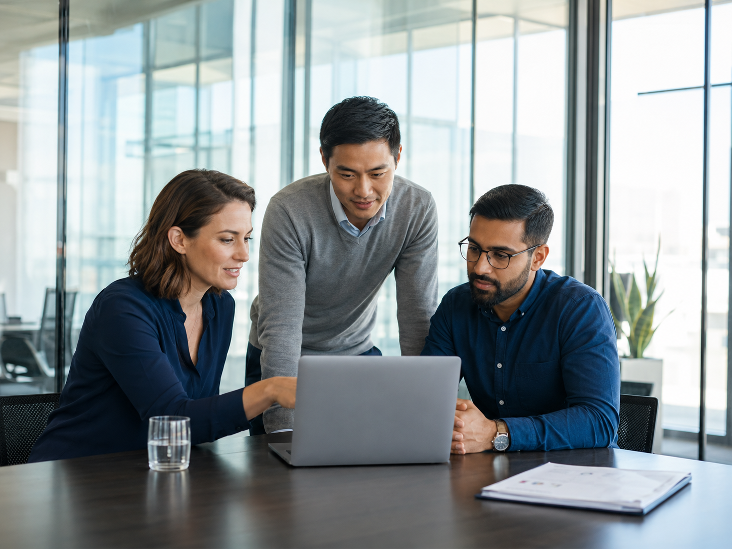 A diverse team collaborating around a laptop in a bright modern office