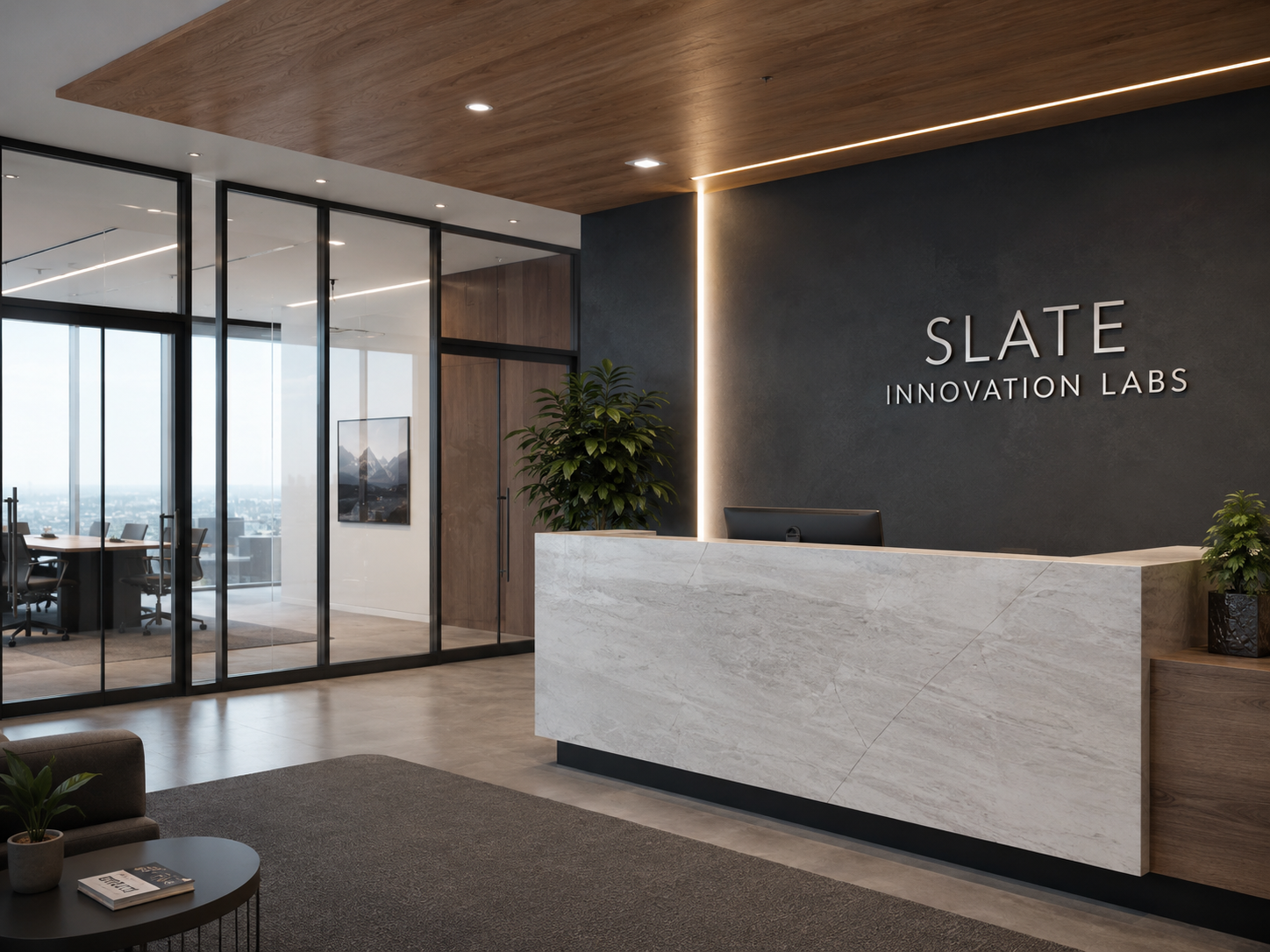 Slate Innovation Labs office reception with branded signage