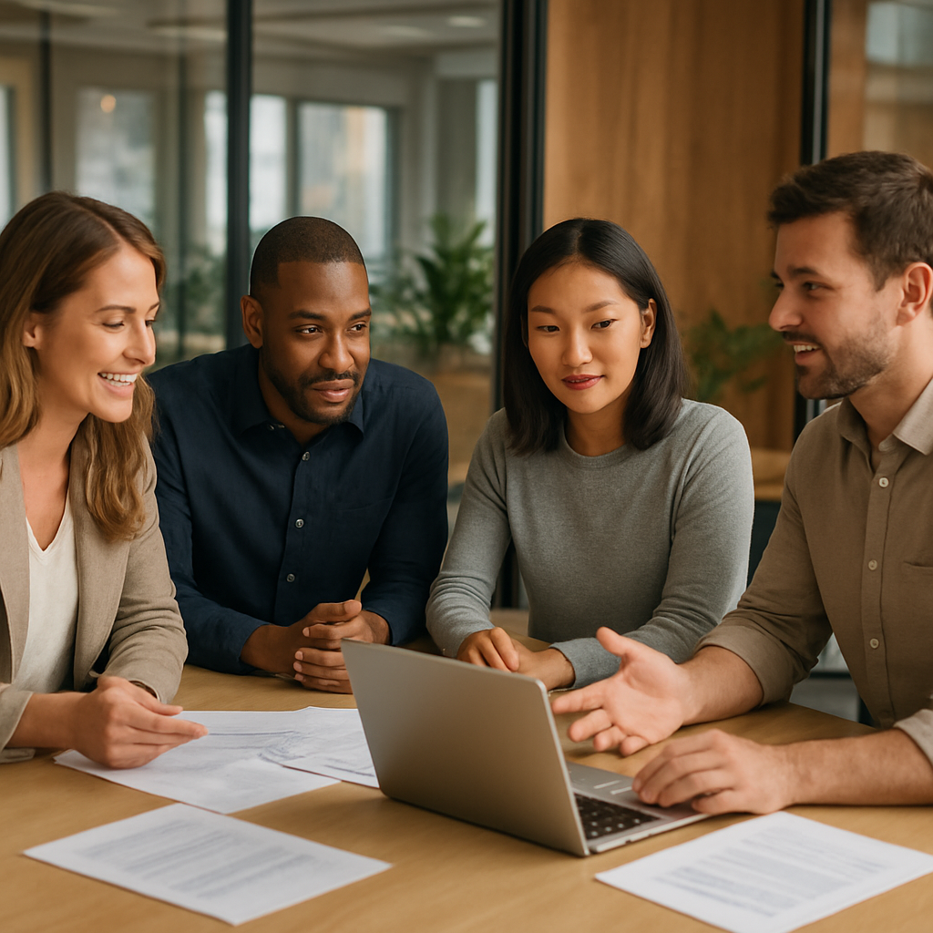 A diverse team reviewing work together in a modern meeting room